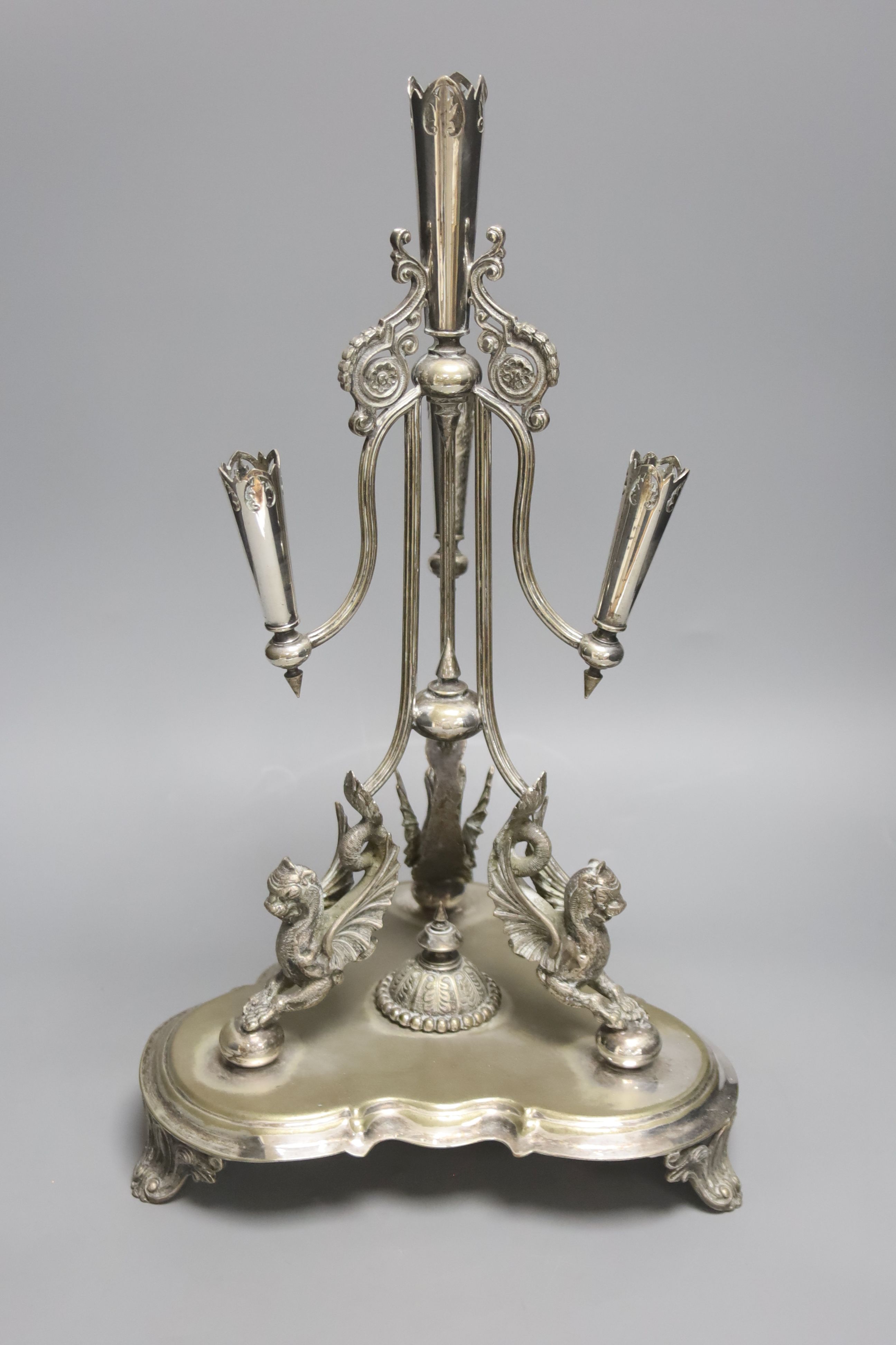 A Walker and Hall silver plated epergne stand, 42cm high